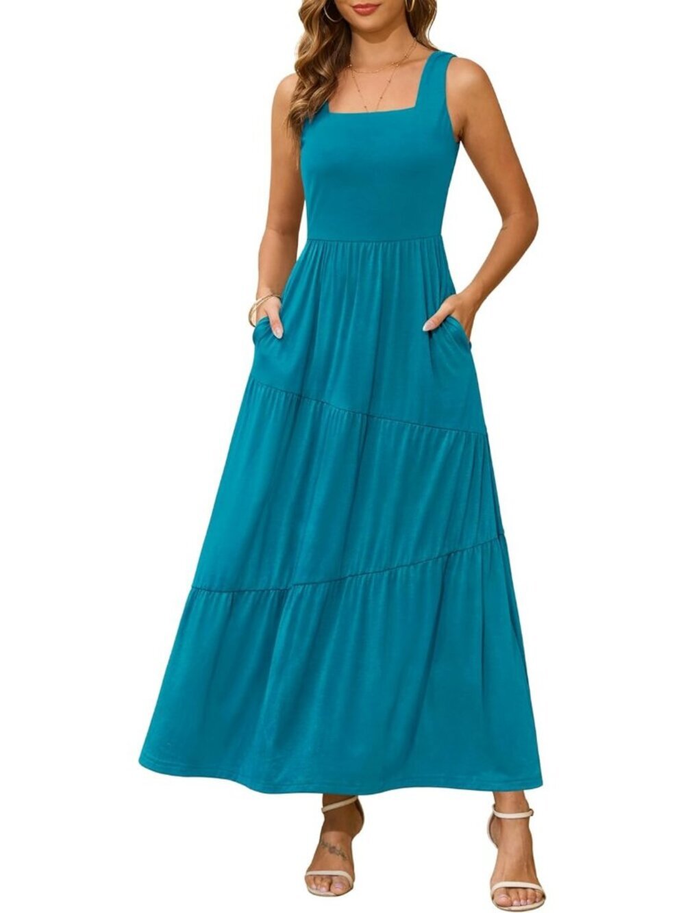 Women's Teal Green Sleeveless beach Sundress Square Neck Tank Tiered Maxi Dress